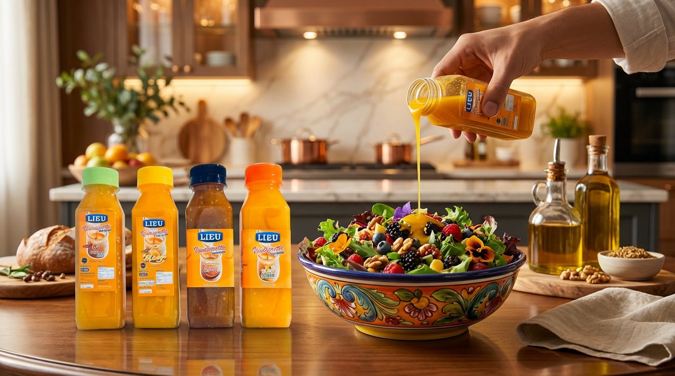 LIEU Vinaigrette natural salad dressing made with real fruit pulps poured on fresh greens