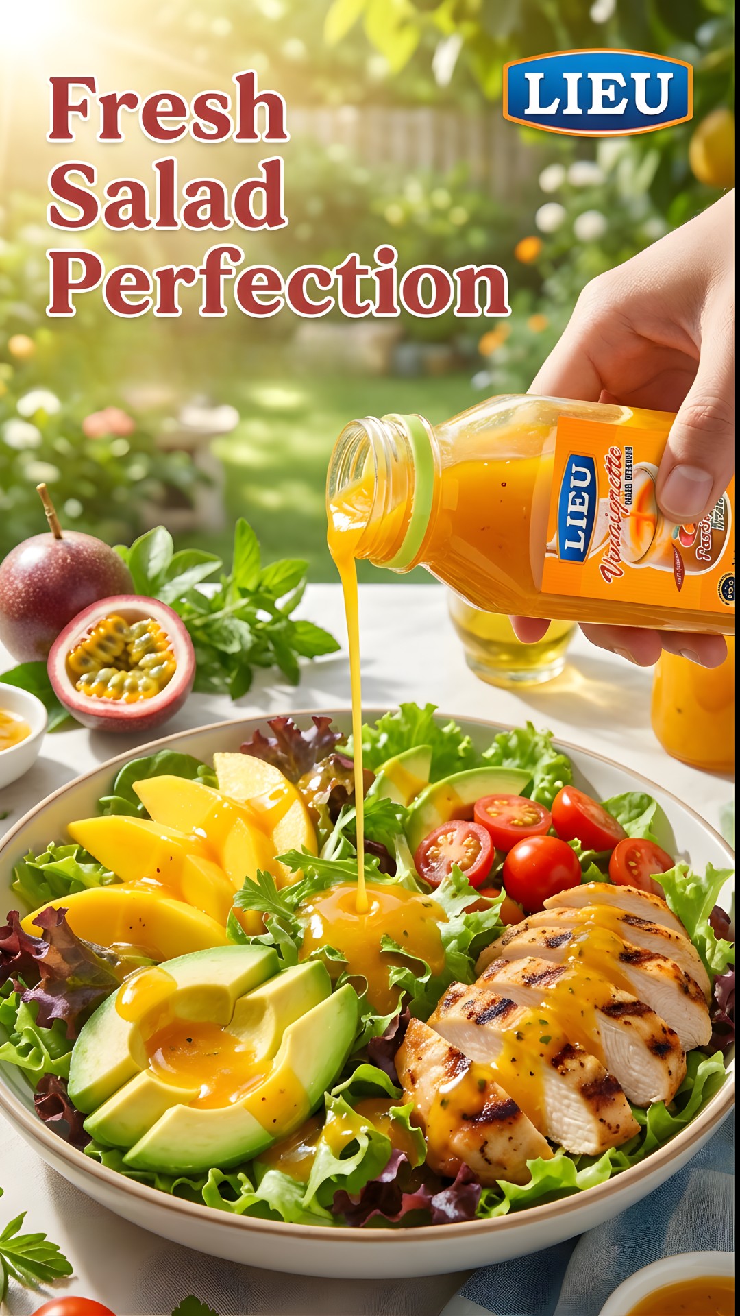 Fresh salad with LIEU Vinaigrette natural fruit pulp dressing